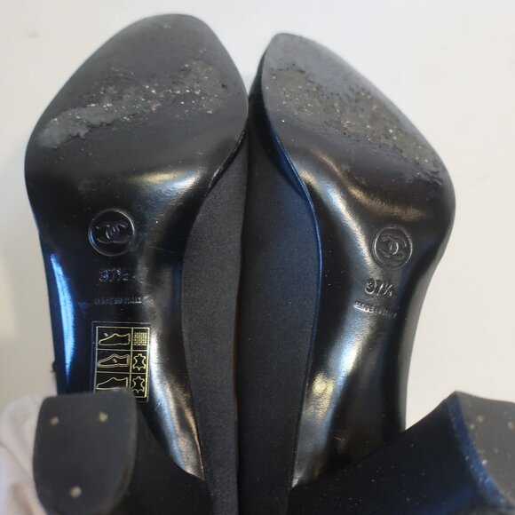 Womens Chanel Black Satin Mini Platform Mary Jane Heels 37.5 US/7 - Picture 13 of 15